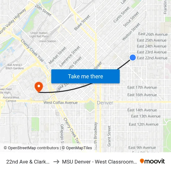 22nd Ave & Clarkson St to MSU Denver - West Classroom Building map