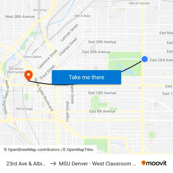 23rd Ave & Albion St to MSU Denver - West Classroom Building map