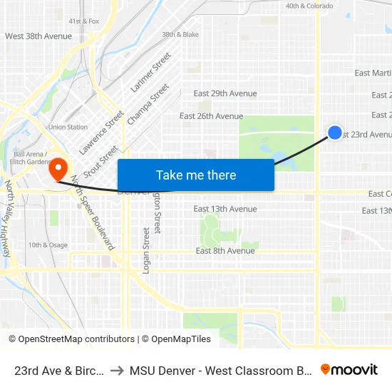 23rd Ave & Birch St to MSU Denver - West Classroom Building map