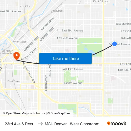 23rd Ave & Dexter St to MSU Denver - West Classroom Building map