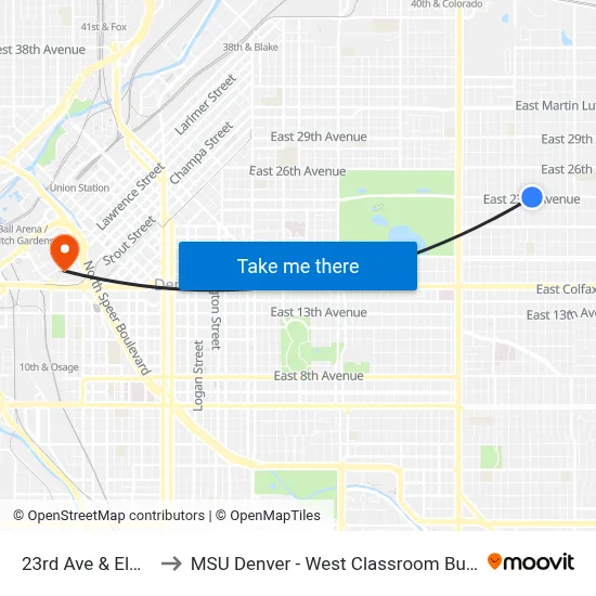 23rd Ave & Elm St to MSU Denver - West Classroom Building map