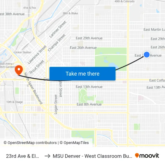 23rd Ave & Elm St to MSU Denver - West Classroom Building map