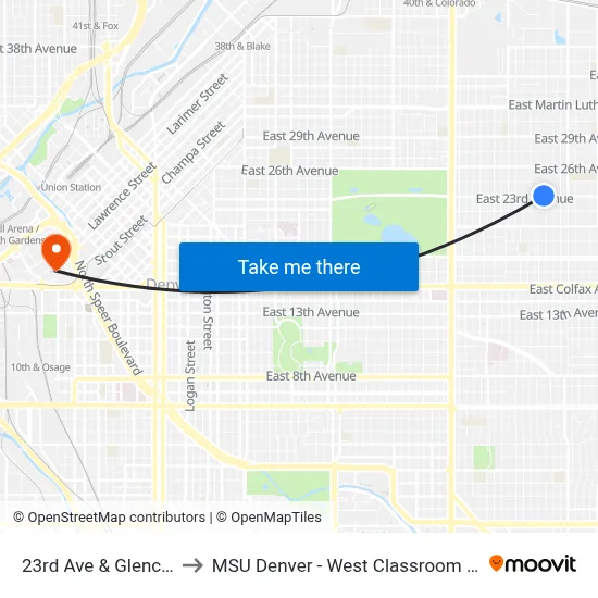 23rd Ave & Glencoe St to MSU Denver - West Classroom Building map