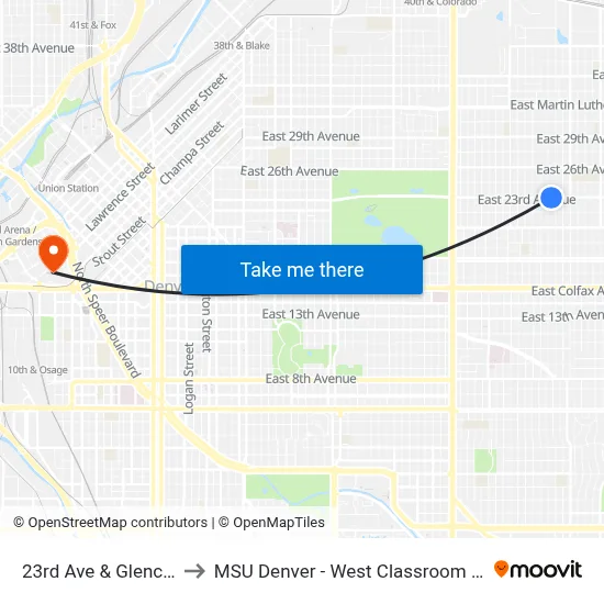 23rd Ave & Glencoe St to MSU Denver - West Classroom Building map