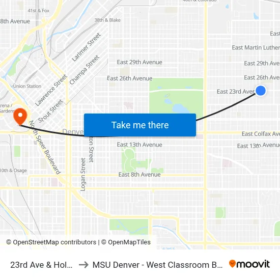 23rd Ave & Holly St to MSU Denver - West Classroom Building map
