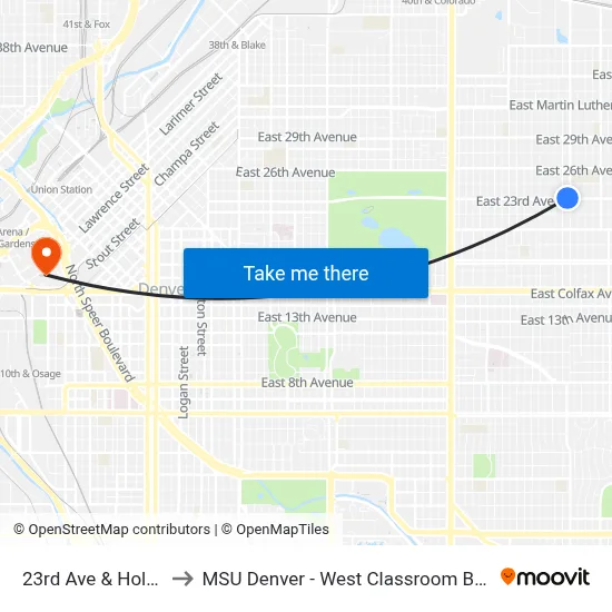 23rd Ave & Holly St to MSU Denver - West Classroom Building map
