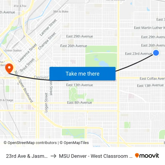 23rd Ave & Jasmine St to MSU Denver - West Classroom Building map