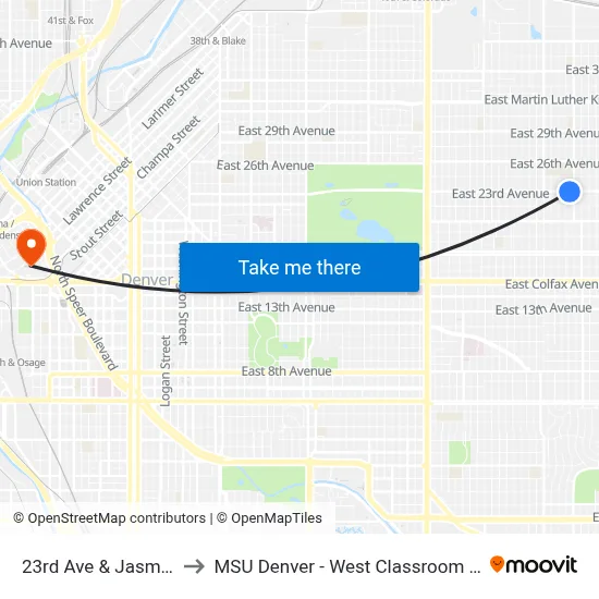 23rd Ave & Jasmine St to MSU Denver - West Classroom Building map