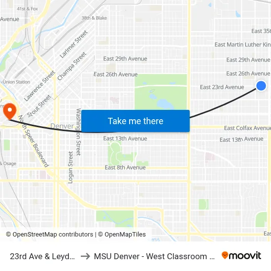 23rd Ave & Leyden St to MSU Denver - West Classroom Building map