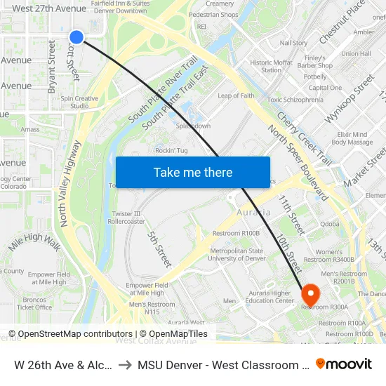 W 26th Ave & Alcott St to MSU Denver - West Classroom Building map