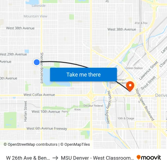 W 26th Ave & Benton St to MSU Denver - West Classroom Building map