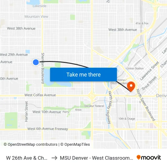 W 26th Ave & Chase St to MSU Denver - West Classroom Building map