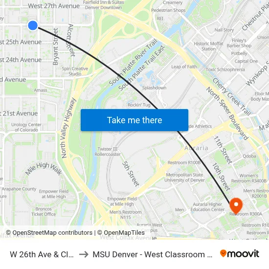 W 26th Ave & Clay St to MSU Denver - West Classroom Building map