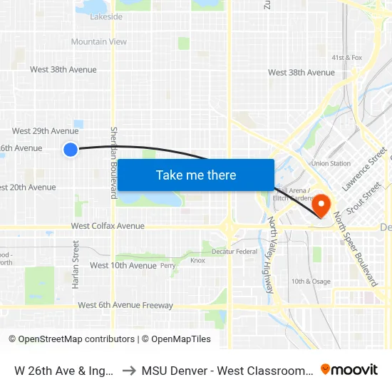 W 26th Ave & Ingalls St to MSU Denver - West Classroom Building map