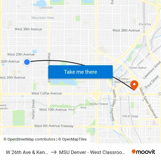W 26th Ave & Kendall St to MSU Denver - West Classroom Building map