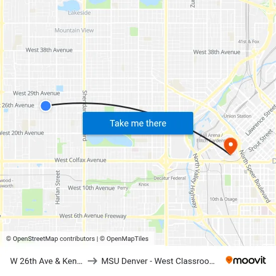 W 26th Ave & Kendall St to MSU Denver - West Classroom Building map