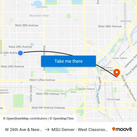 W 26th Ave & Newland St to MSU Denver - West Classroom Building map