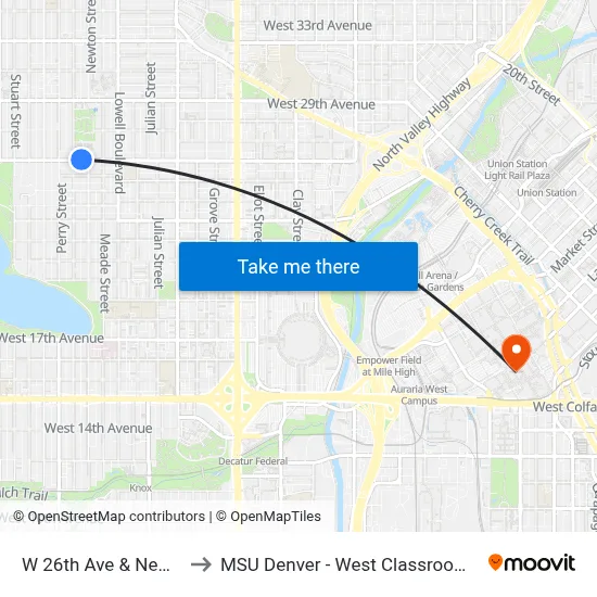W 26th Ave & Newton St to MSU Denver - West Classroom Building map