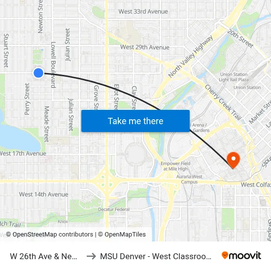 W 26th Ave & Newton St to MSU Denver - West Classroom Building map