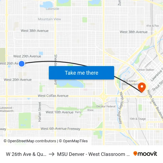 W 26th Ave & Quay St to MSU Denver - West Classroom Building map