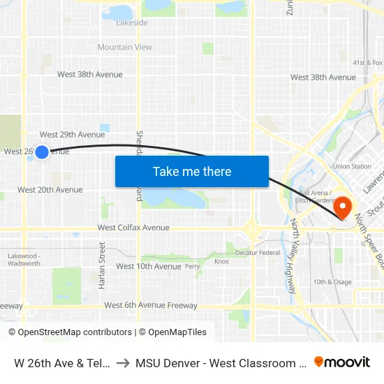 W 26th Ave & Teller St to MSU Denver - West Classroom Building map