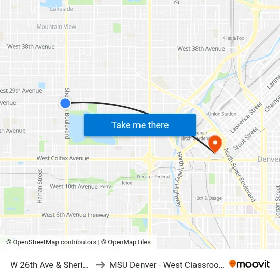 W 26th Ave & Sheridan Blvd to MSU Denver - West Classroom Building map