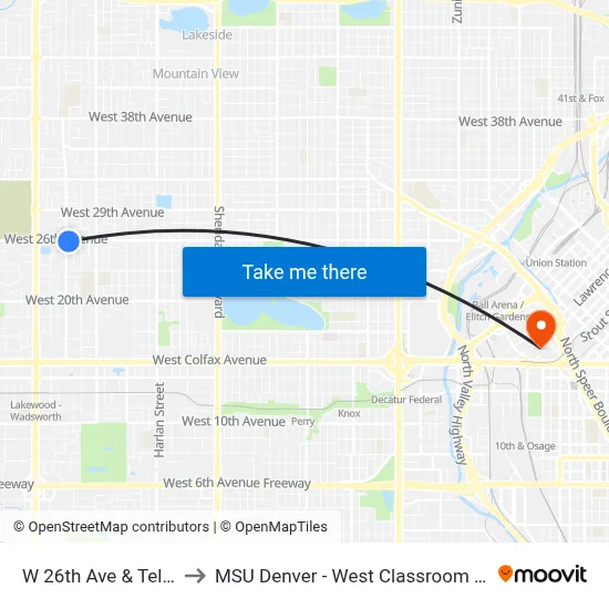 W 26th Ave & Teller St to MSU Denver - West Classroom Building map