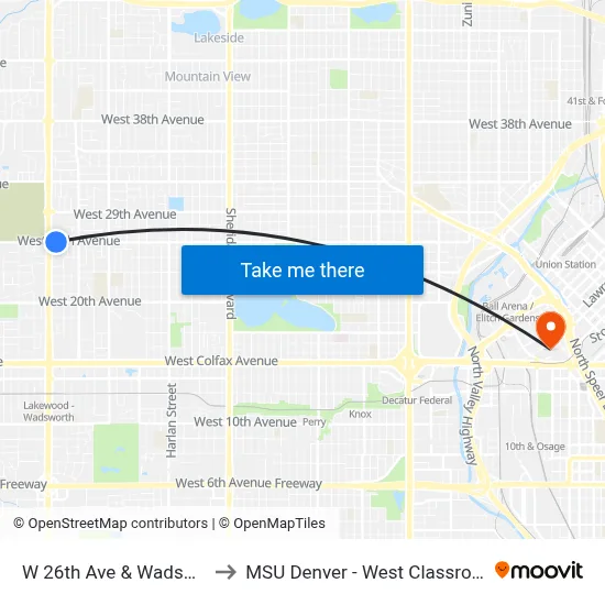 W 26th Ave & Wadsworth Blvd to MSU Denver - West Classroom Building map