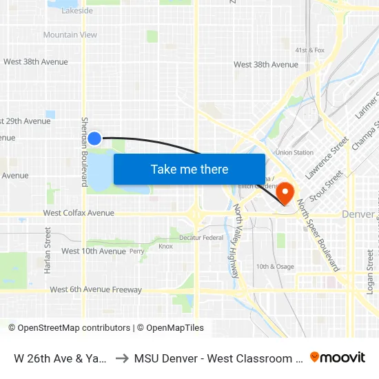 W 26th Ave & Yates St to MSU Denver - West Classroom Building map