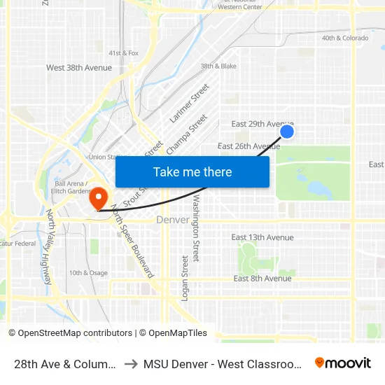 28th Ave & Columbine St to MSU Denver - West Classroom Building map