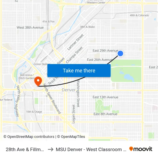 28th Ave & Fillmore St to MSU Denver - West Classroom Building map