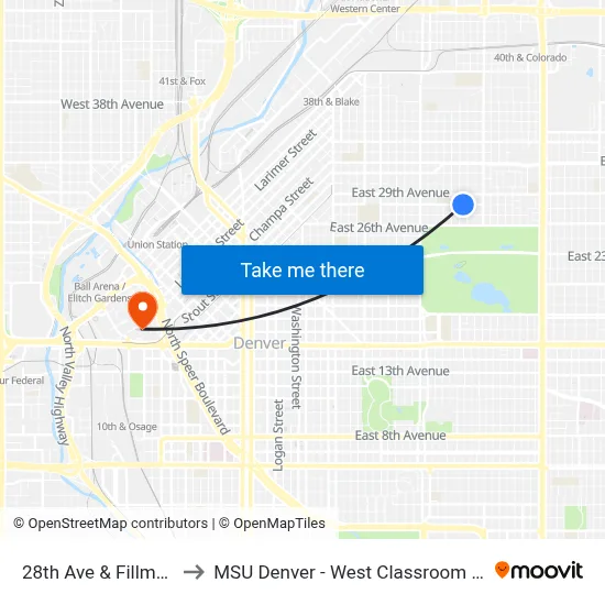 28th Ave & Fillmore St to MSU Denver - West Classroom Building map