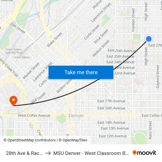 28th Ave & Race St to MSU Denver - West Classroom Building map