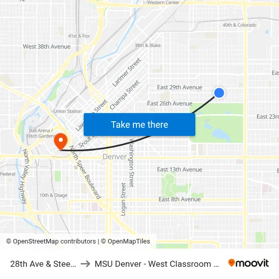 28th Ave & Steele St to MSU Denver - West Classroom Building map