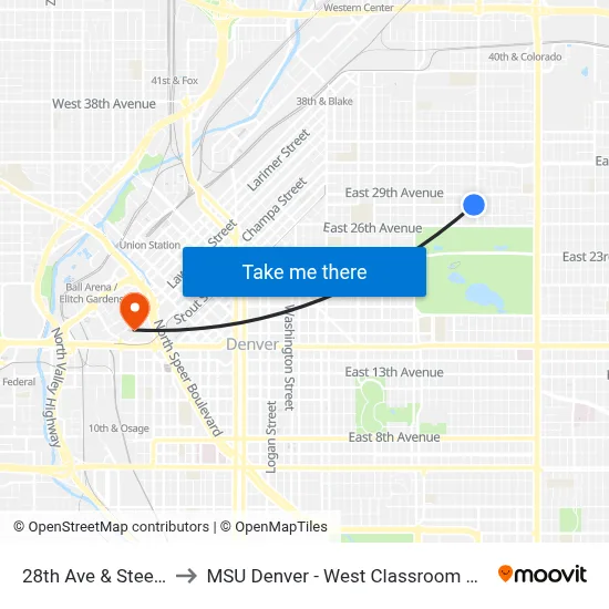 28th Ave & Steele St to MSU Denver - West Classroom Building map