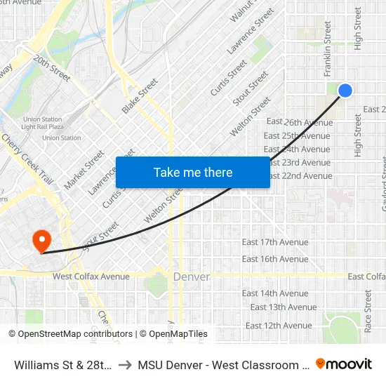 Williams St & 28th Ave to MSU Denver - West Classroom Building map