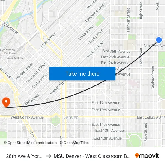 28th Ave & York St to MSU Denver - West Classroom Building map