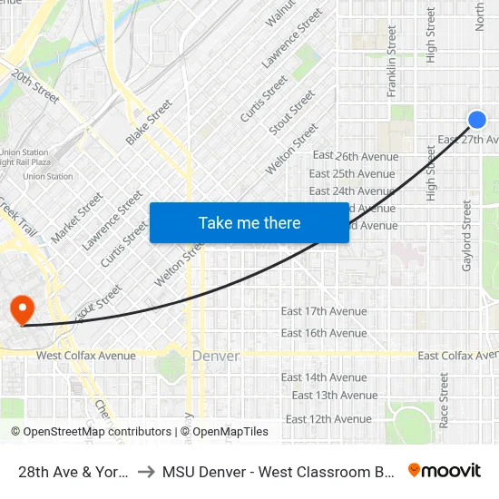 28th Ave & York St to MSU Denver - West Classroom Building map