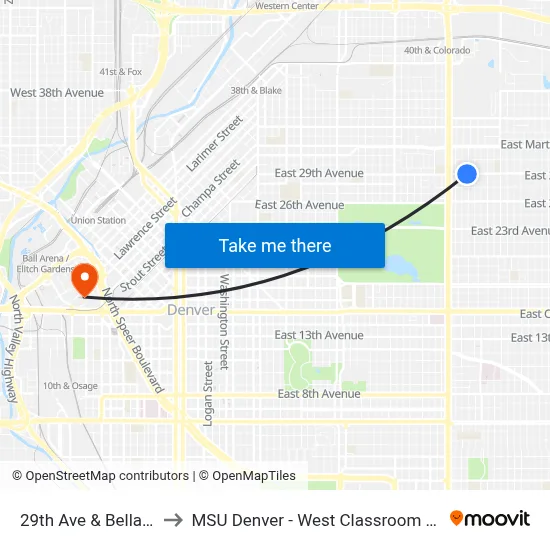 29th Ave & Bellaire St to MSU Denver - West Classroom Building map