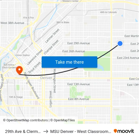 29th Ave & Clermont St to MSU Denver - West Classroom Building map