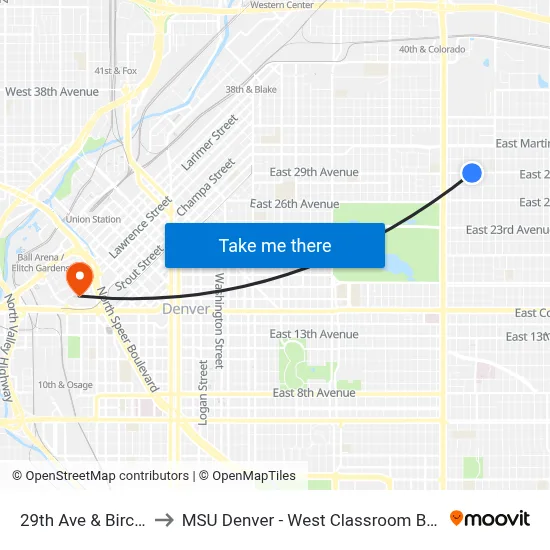 29th Ave & Birch St to MSU Denver - West Classroom Building map