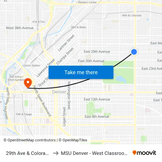 29th Ave & Colorado Blvd to MSU Denver - West Classroom Building map
