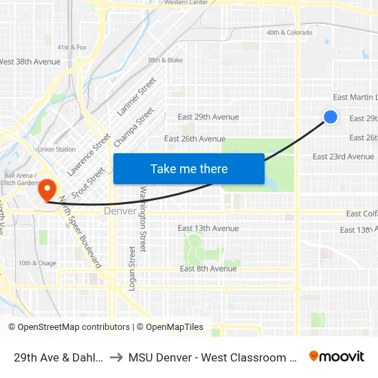 29th Ave & Dahlia St to MSU Denver - West Classroom Building map