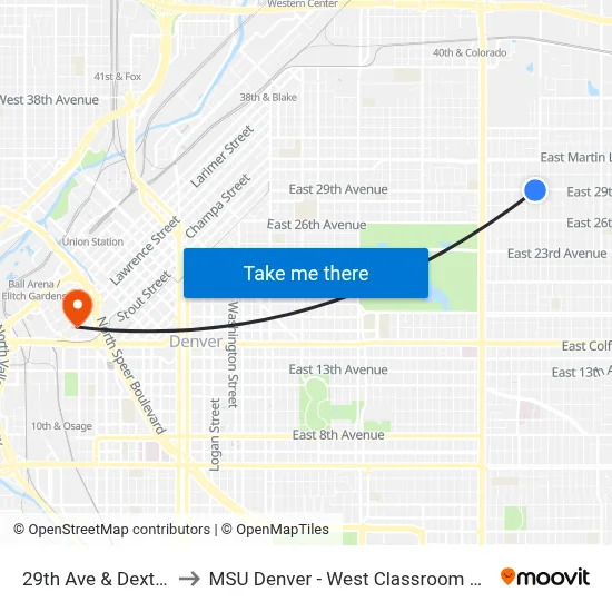29th Ave & Dexter St to MSU Denver - West Classroom Building map