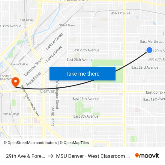 29th Ave & Forest St to MSU Denver - West Classroom Building map