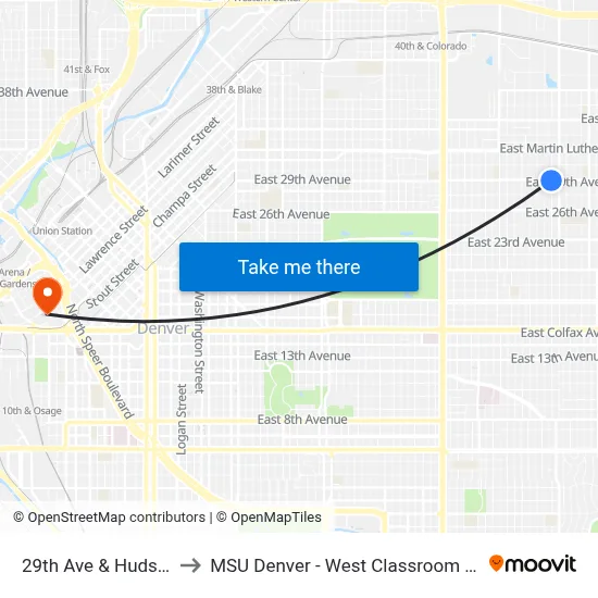 29th Ave & Hudson St to MSU Denver - West Classroom Building map