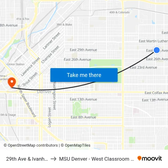 29th Ave & Ivanhoe St to MSU Denver - West Classroom Building map