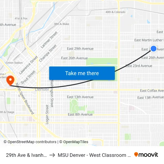 29th Ave & Ivanhoe St to MSU Denver - West Classroom Building map