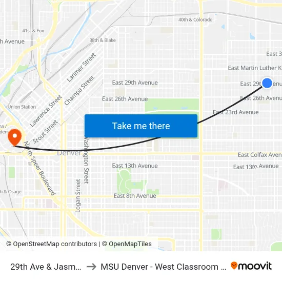 29th Ave & Jasmine St to MSU Denver - West Classroom Building map