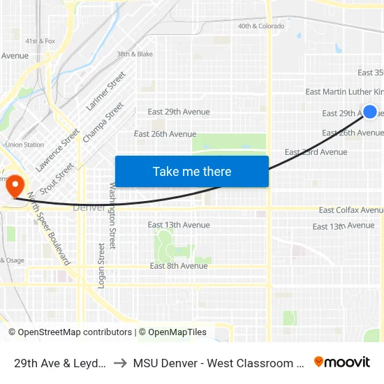 29th Ave & Leyden St to MSU Denver - West Classroom Building map